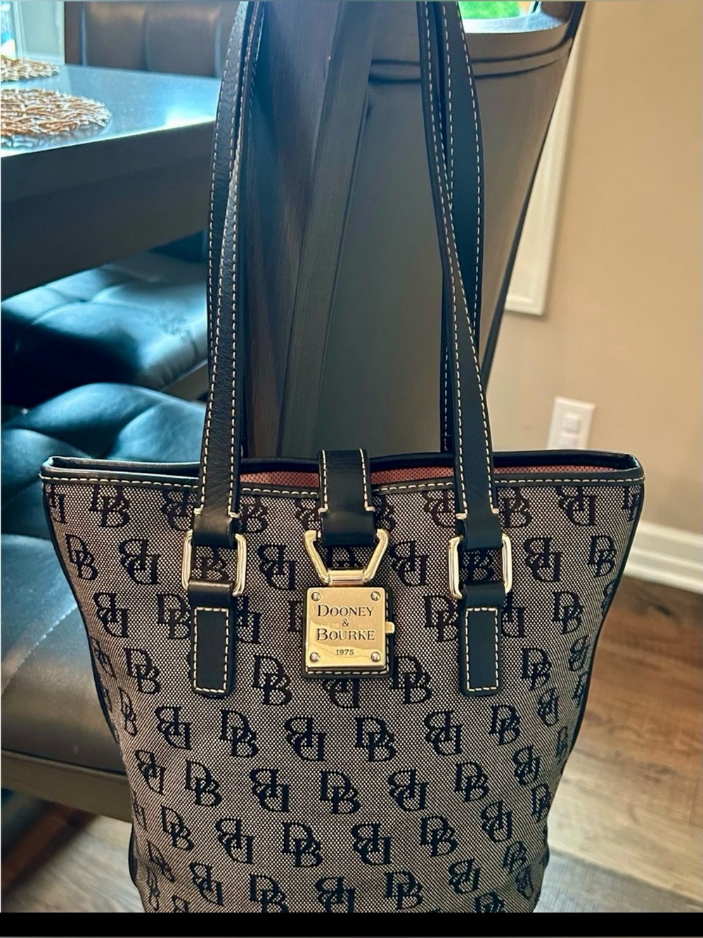 Dooney & Bourke Black and Brown Logo Tote with Gold Plaque with matching wallet.